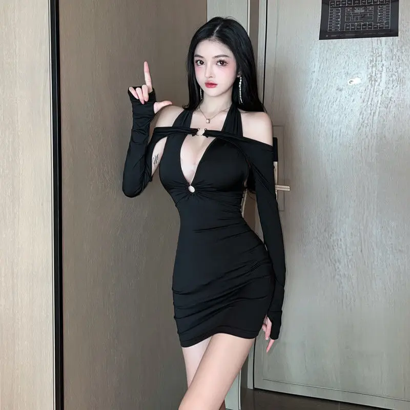 Unterwäsche Sexy Eingewickeltes Hüftkleid Kleines Brustkleid Elegantes Schwarz Hängender Halsstil Tiefer V-Ausschnitt Langarm Schlank – Detail 1