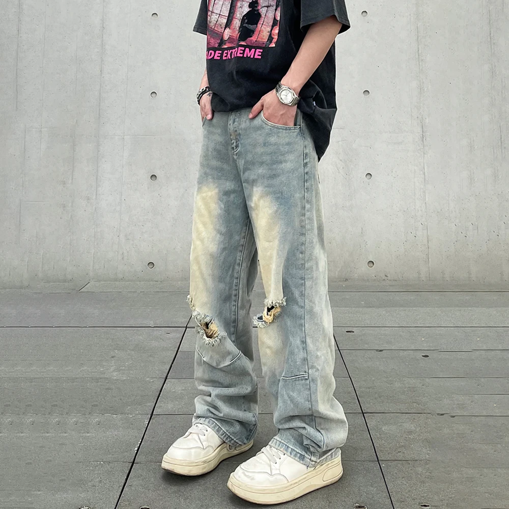 Men Trousers Ripped Denim Jeans Wide Leg Pants Distressed Streetwear Fit  Hip Hop