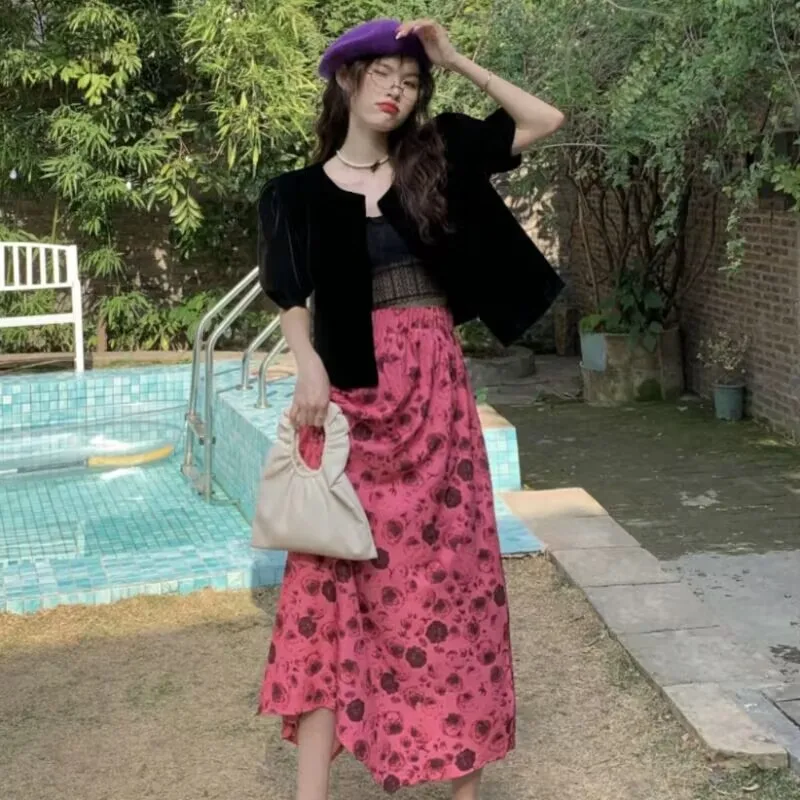 

2022 New Printed Pink Elastic High Waist Skirt for Women Free Shipping