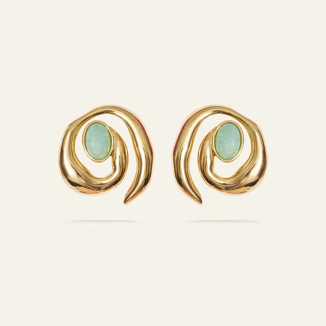 Retro Tidal Spiral Natural Turquoise Stud Earrings for Women 18K Gold Plated Glossy Caracol Hypoallergenic Earring Punk Jewelry