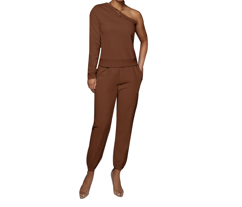 Urban Casual Solid Color Pullover Off Shoulder Trousers Women's Slim Long Sleeve Sweater Suit Female and Lady Casual Top & Pants