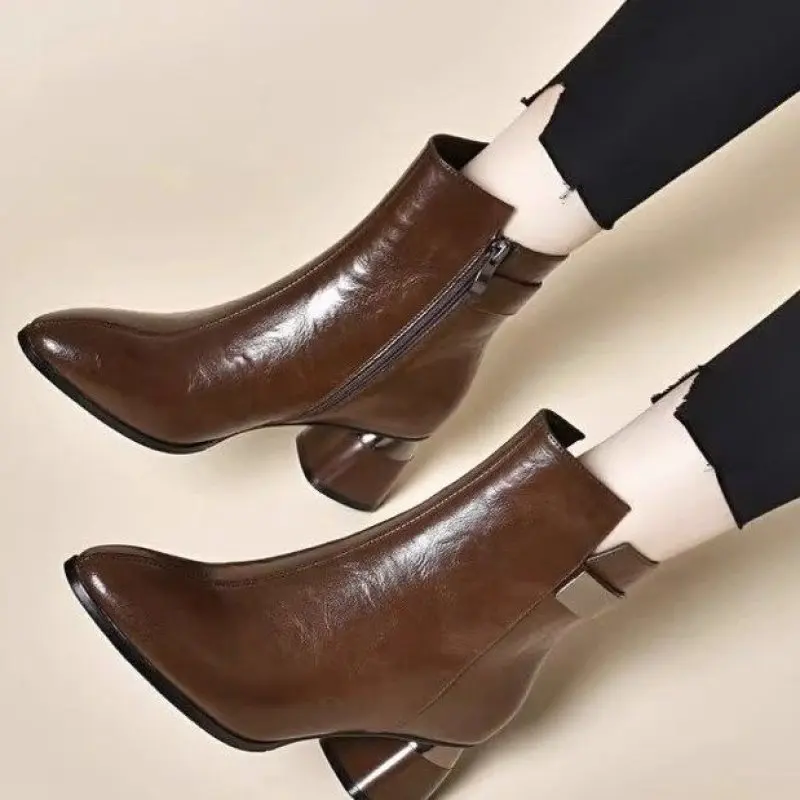 Women's Pionted Toe Ankle Boots Autumn New Side Zipper High Heel Shoes for Women Dress Office Chunky Heel Ladies Chelsea Boots