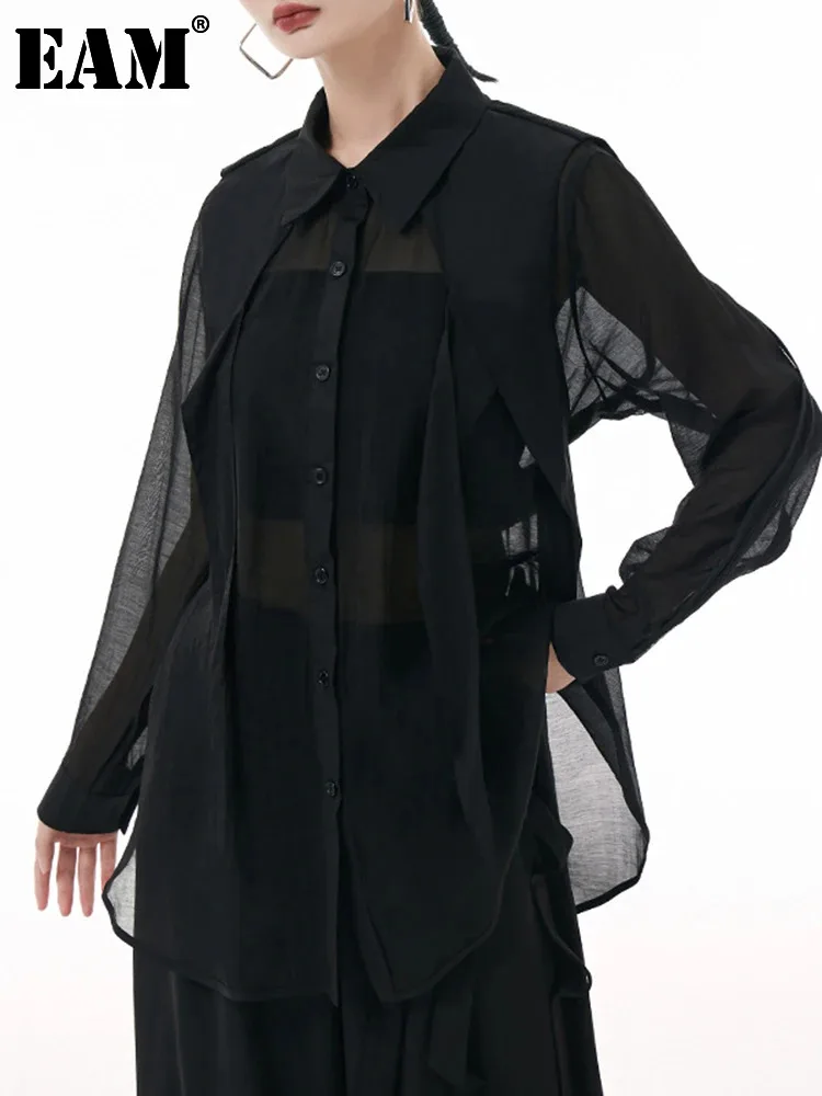 

[EAM] Women Black Perspective Big Size Blouse New Lapel Long Sleeve Loose Fit Shirt Fashion Tide Spring Autumn 2024 1DH0508