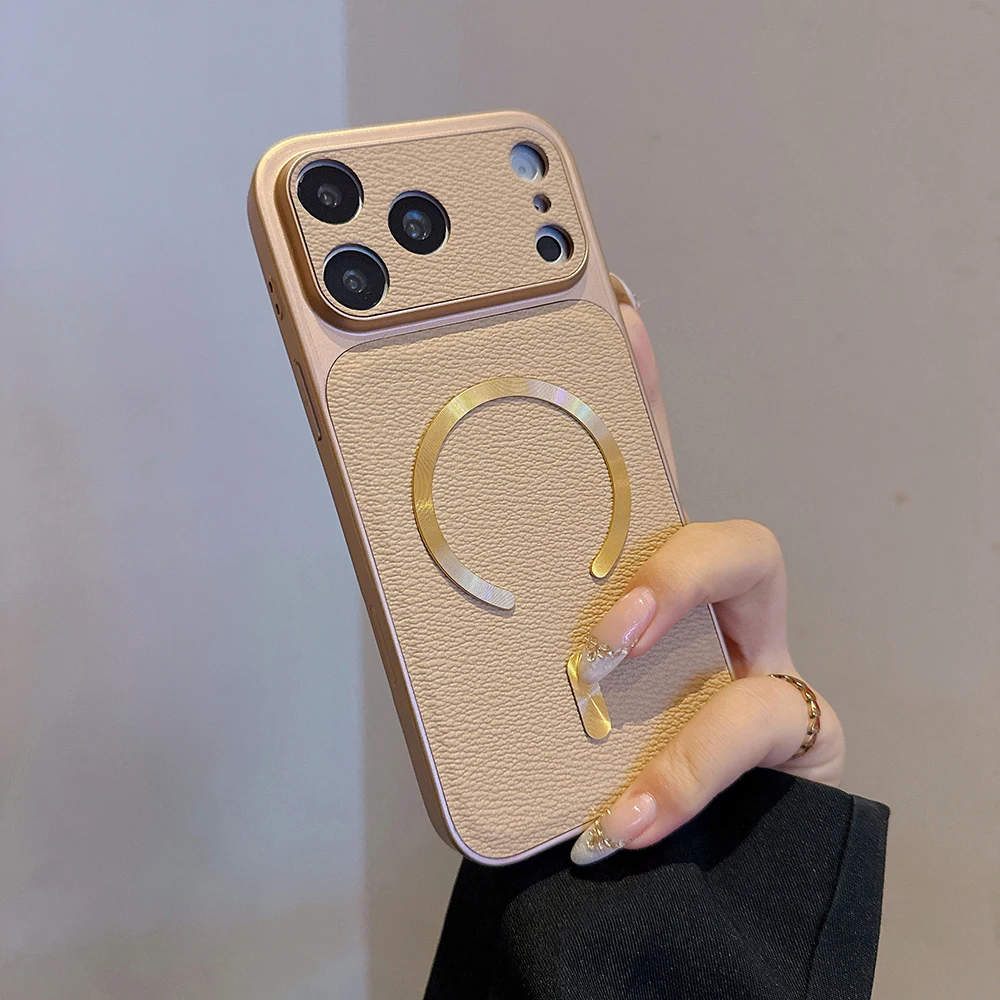 Vintage-Style Leather Magnetic Wireless Charger Case with Full Lens Protection and Shockproof Bumper