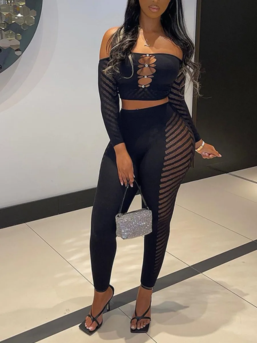 

LW Sexy Hollow Out See Through 2pcs set Solid Two-piece Pants Set Long sleeve crop top & skinny pants set Autumn NEW sexy suit