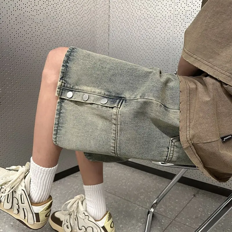 M-5XL Old Style Denim Shorts Fashion Retro Denim Shorts Streetwear Hip Hop Loose Straight Jeans Shorts Men Women
