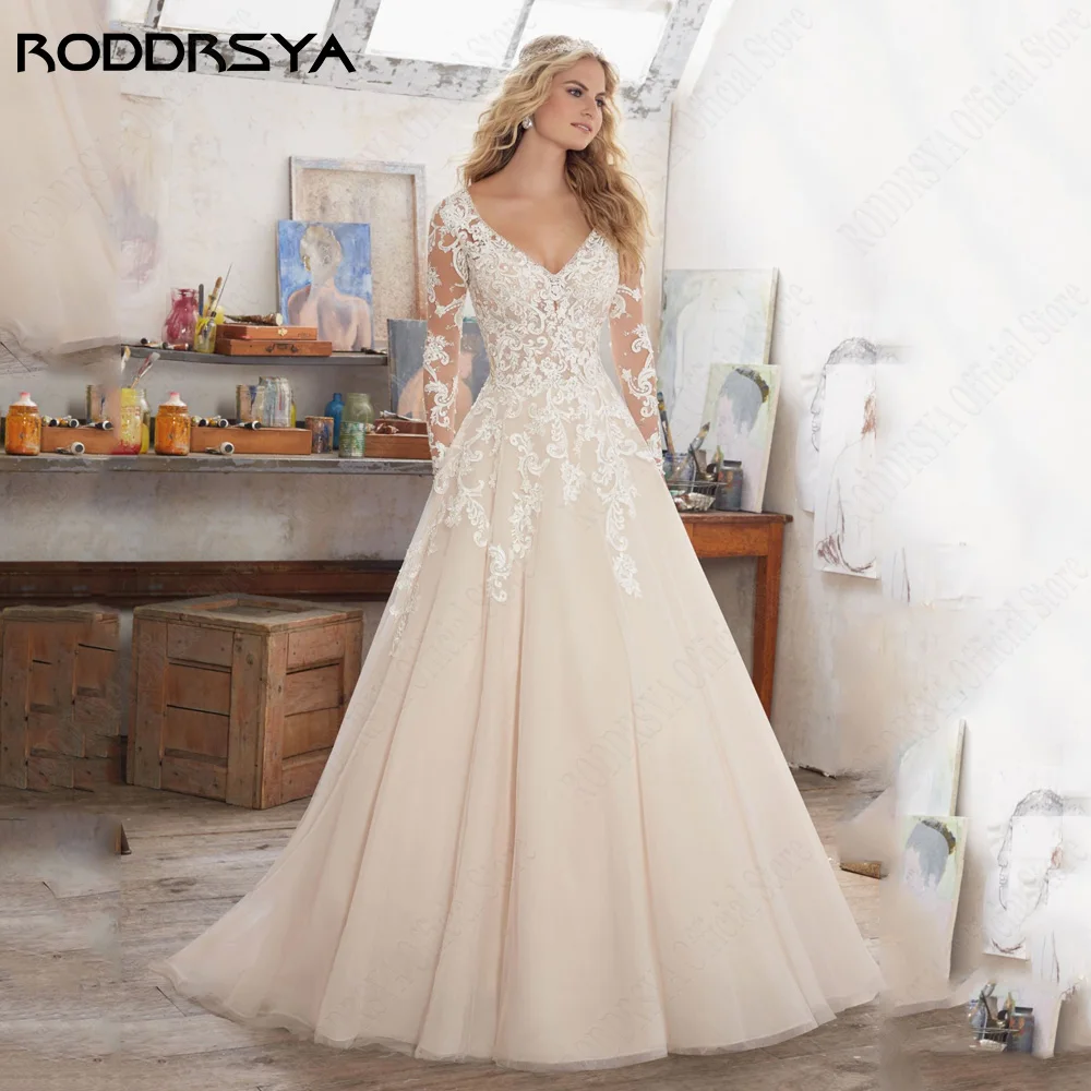 

RODDRSY Princess Light Champagne Wedding Dresses A-Line Backless Bride Gowns Long Sleeves Applique V-Neck vestido de noiva 2024