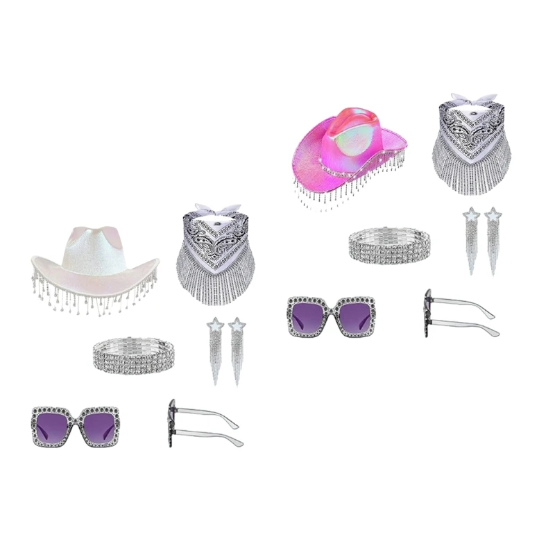 

Y166 Cool Heart Sunglasses+Glinting Crystal Cowboy Hat for Carnivals Music Festival