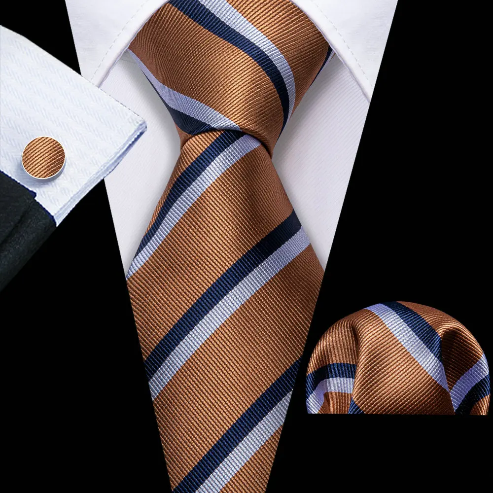 

Fashion Brown Striped Men Silk Necktie Brooches Men Tie Handkerchief Cufflinks Sets Men Gift Barry.Wang Designer