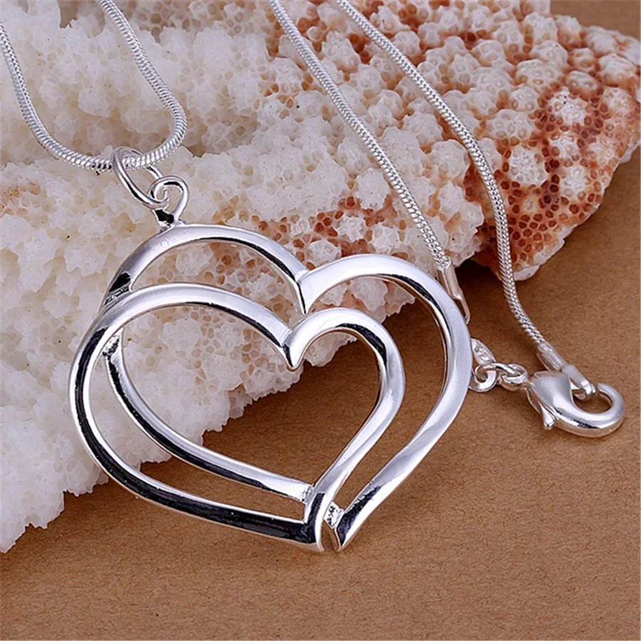 

Classic 925 Sterling Silver romantic Double Heart Pendant necklace for women Fashion brands Jewelry Wedding party Holiday gifts