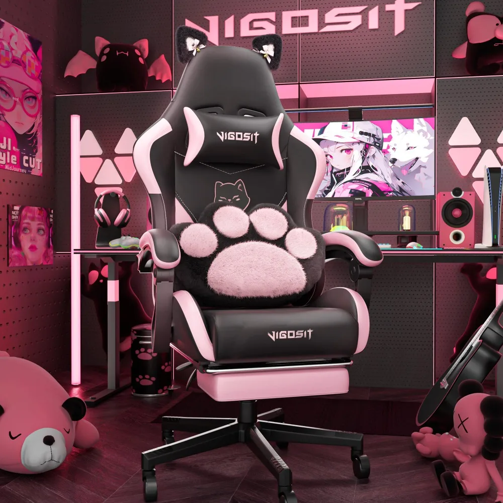 

2023 New Gaming Chair with Cat Paw Lumbar Cushion and Cat Ears, Ergonomic Computer Chair with Footrest