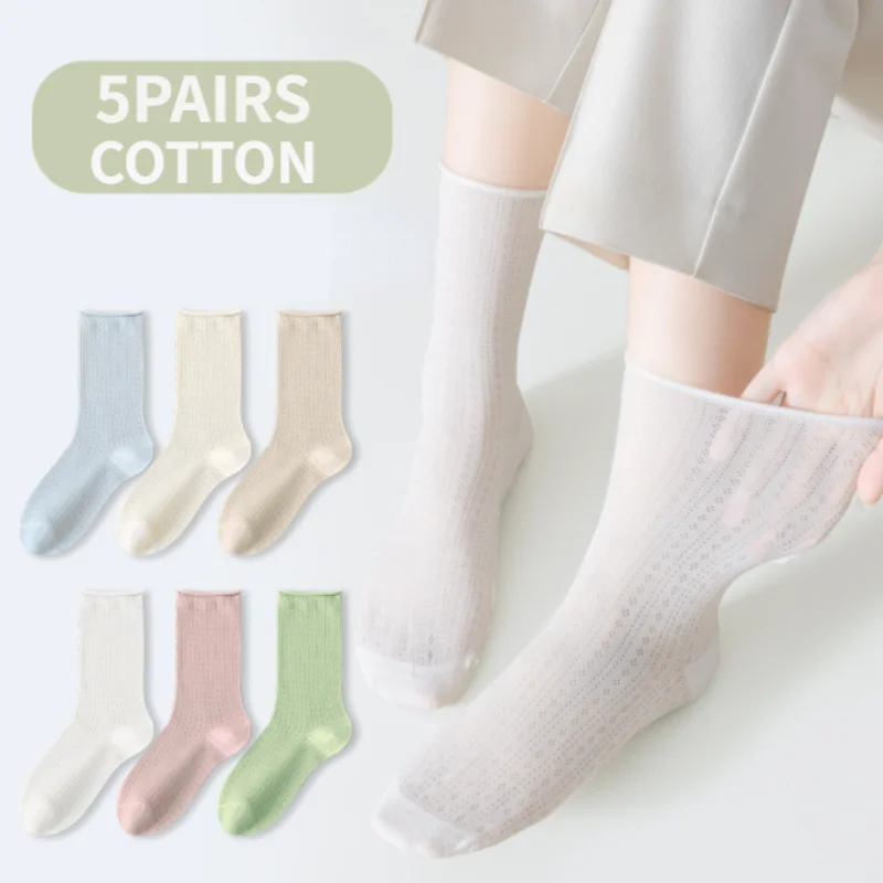 

Middle Cotton 5 Pairs Summer Women Socks Tube Mesh Solid Color Breathable Spring Loose Long Socks Thin Soft Ruffle Casual Sock