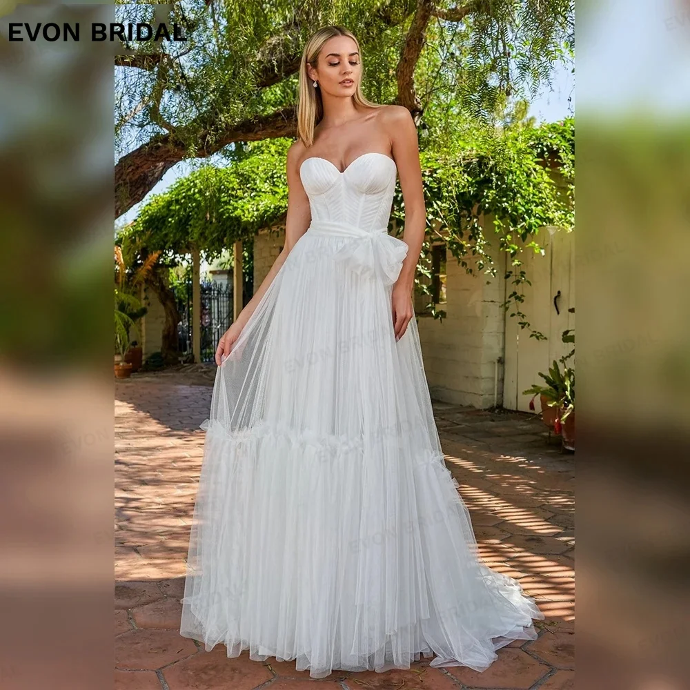 

EVON Elegant Strapless Sleeveless A-Line Tulle Wedding Dresses For Women Backless Bow Floor-Length Bridal Gown Vestido De Novia