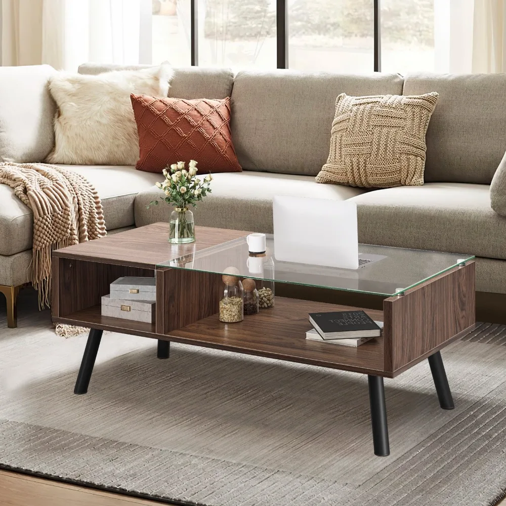 

Wood Coffee Table for Living Room, 2-Tier Sofa Center Table with Storage and Glass Top for Apartment Home Office, Walnut