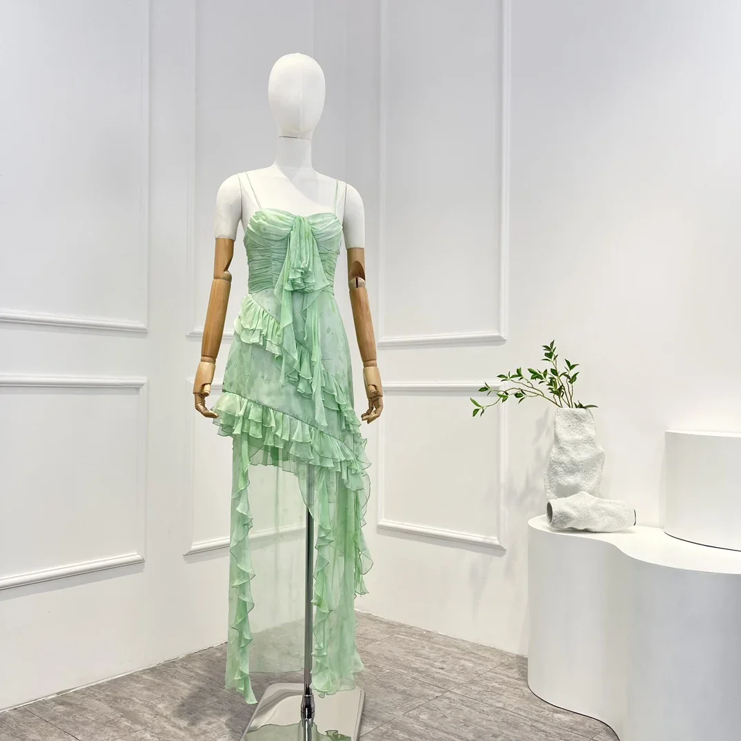 

2024 Spring Summer Tie-dyed Green Silk Dainty Crystals Asymmetric Hem Ruffles Sleeveless Women Dresses for Evening Party