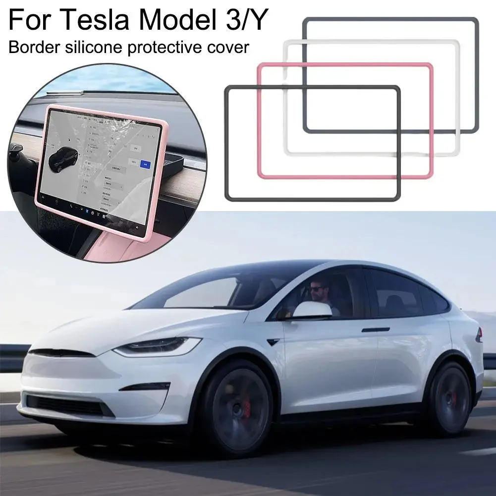 

Pink GPS Screen Frame Cover Silicone Central Control Screen Interior Rearview Mirror Protector Trim Strip for Tesla Model 3 Y