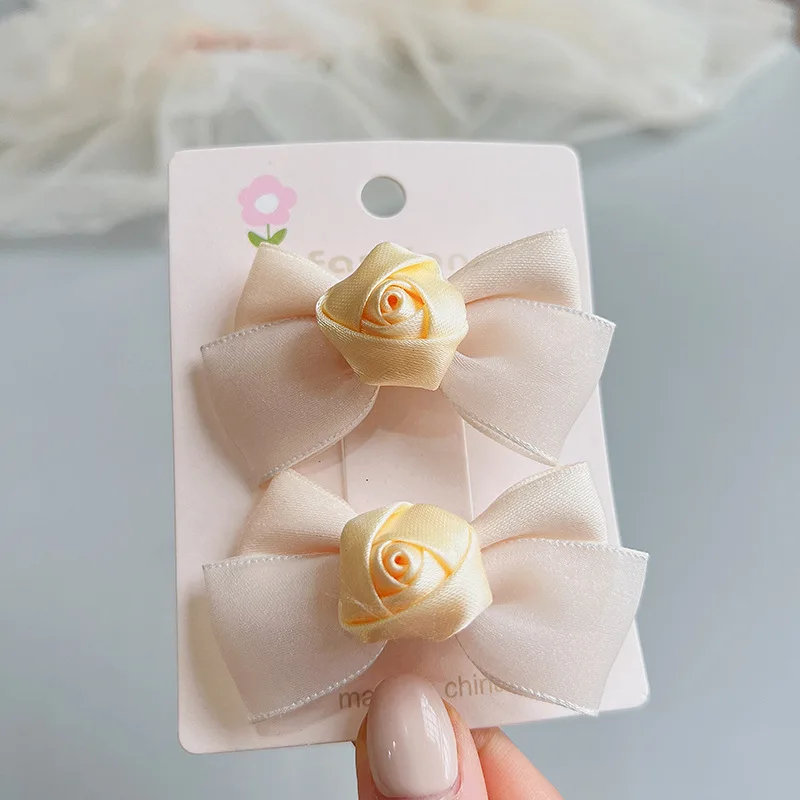 

12Sets Beige Rose Bow Elastic Hair Bands Ponytail Holder Ribbon Floral Tulle Bowknot Hairpins Barrettes Boutique HairAccessories