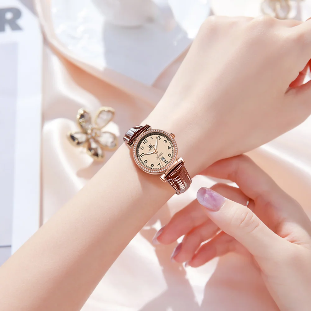 OLEVS Brand Retro Style Wrist Watches For Women Rose Gold Ladies Luxury Brand Genuine Leather Band Quartz Clock Zegarek Damski