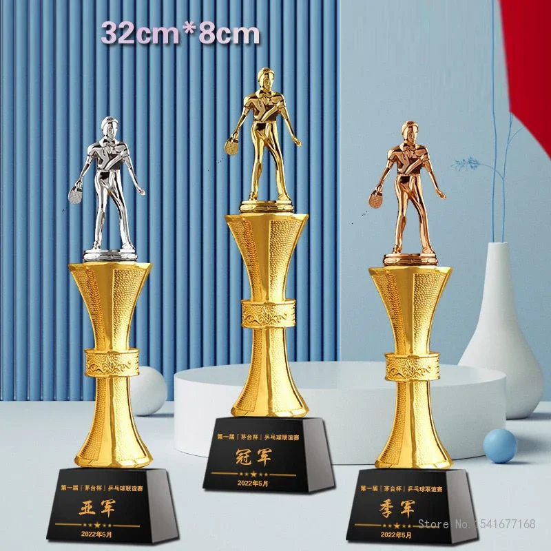 Customized Resin Table Tennis Trophy Gold Silver Copper Awards Souvenirs Home Decorations Craft Lettering Crystal Base Medal 1Pc