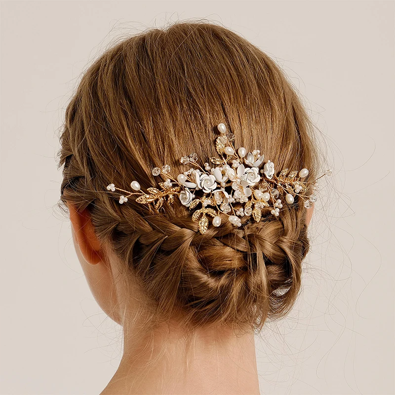 

Miallo Gold Handmade Delicate Flower Pearl Hair Comb Crystal Beaded Bridal Headpiece Wedding Jewellery Hair Accessories