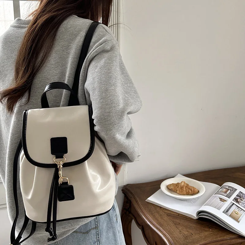 5PCS Small Fragrance Backpack Women's Color Contrast Fashion Pure Color Casual Simple Flip Cover All Small Backpack Wholesale