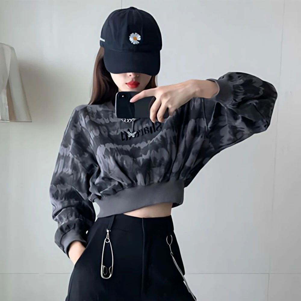 

Tie Dye Short Women O-neck Full Sleeves Causal Streetwear Korean Slim Thin Hoodies Coats Spring Autumn Outerwear Oversized 2XL