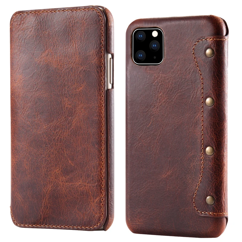 

Retro Oil Wax Genuine Leather Flip Case For Apple Iphone 13 12 11 Pro Xs Max X Xr 8 7 6 6s Plus Business Card Phone Bag Cover
