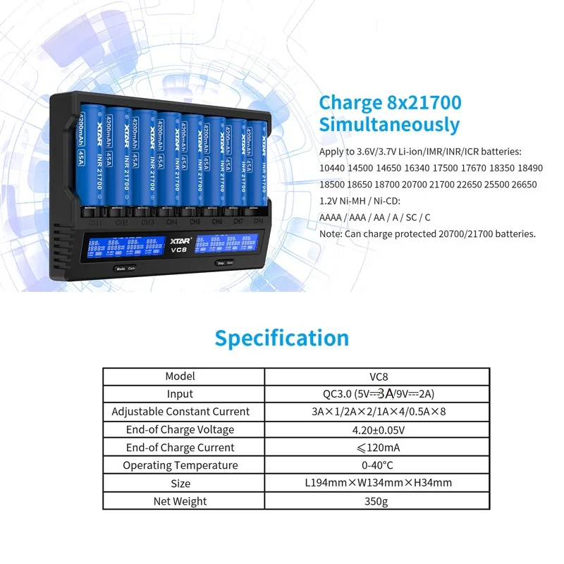 XTAR 18650 Battery Charger VC8 = VC4 + VC4SL QC3.0 Type C Fast Charger Charging LCD Display for 21700 20700 18650 Battery
