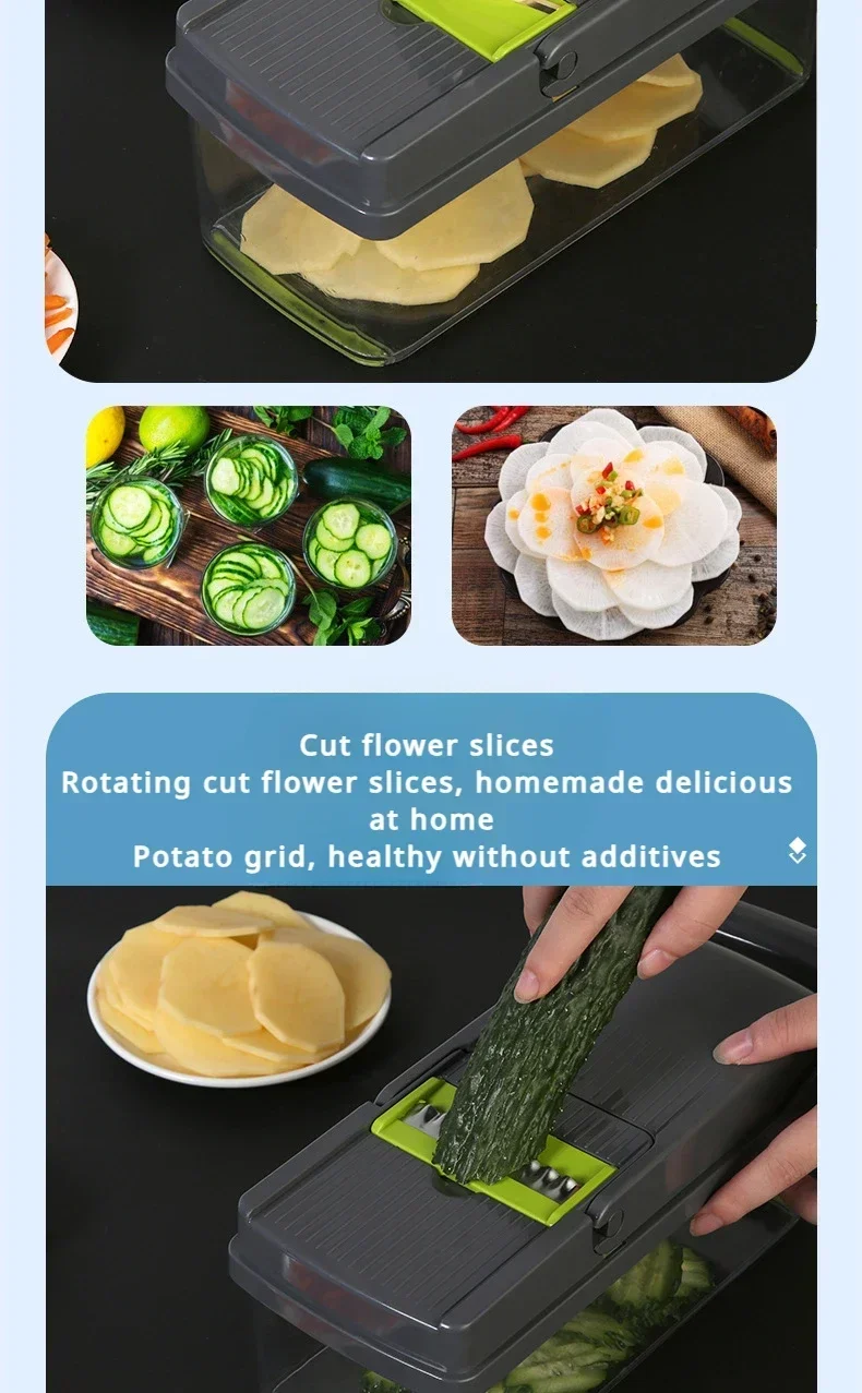 1Pc Green Black 14 in 1 Multifunctional Vegetable Slicer Cutter Shredders Slicer with Basket Fruit Potato Chopper Carrot Grater