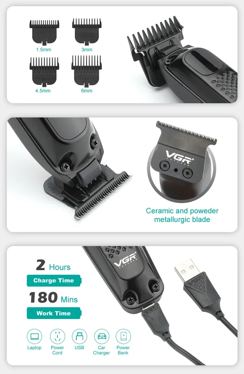 VGR Barber Professional Cutting Electric Hair Clipper Cordless Haircut hine Trimmer for Men V-972_voghion.com