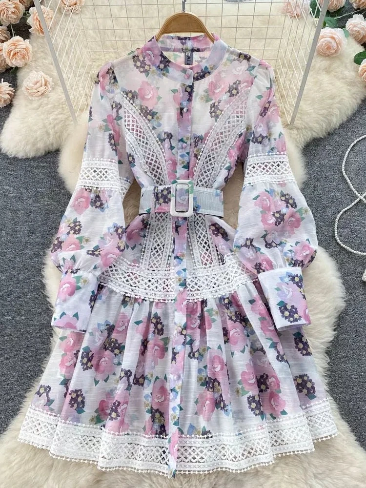 

Women Single Breasted Lantern Sleeve Floral Print Belt Vestidos 2023 Fashion Embroidery Lace Hollow Out Stitching Flower Dress