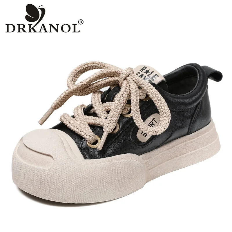 

DRKANOL 2024 Fashion Women Casual Board Shoes Round Toe Lace-Up Genuine Leather Chunky Platform Shoes Women Thick Soled Sneakers