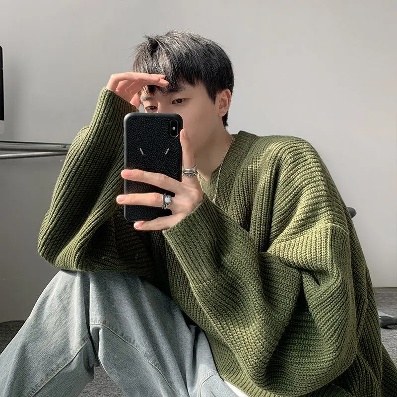 

New Solid Color Knitted Sweaters Men Hip Hop Harajuku O-Neck Jumpers Autumn Winter Oversize Casual Cotton Loose Pullover Couples