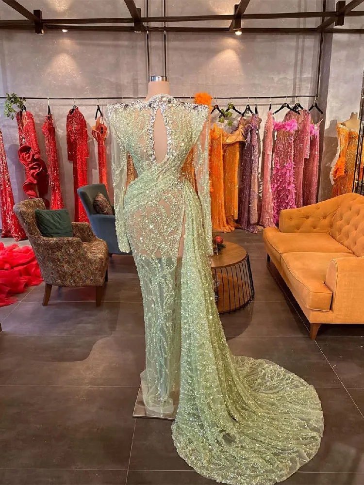 

Sparkly Evening Dresses V Neck Long Sleeves Hollow Sequins Beaded Lace Appliques Side Slit Celebrity Prom Dresses Custom Made