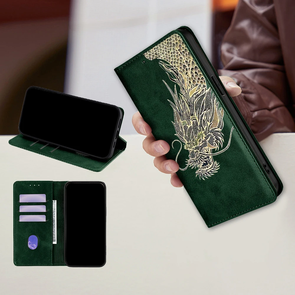 Dragon Pattern Leather Flip Cover - Full Protection Mobile Phone Case