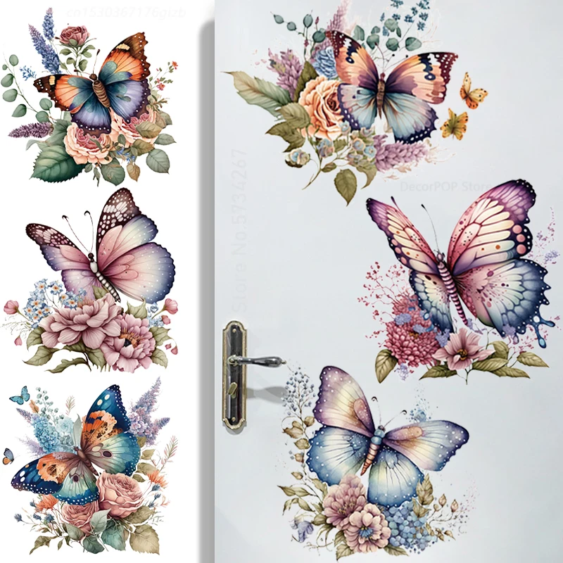 Beautiful Butterfly Flower Plant Wall Stickers Toilet Bathroom Door Decoration Mural Home Decor Self-adhesive Beautify Wallpaper