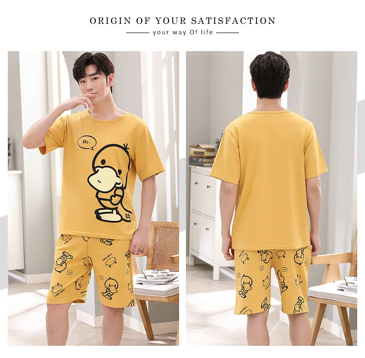 Summer New Cartoon Knitted Cotton Mens Pajama Sets Men's Sleep&Lounge Stripe Short Sleeved Pants Male Pajamas Fashion Homewear mens cotton pajama bottoms