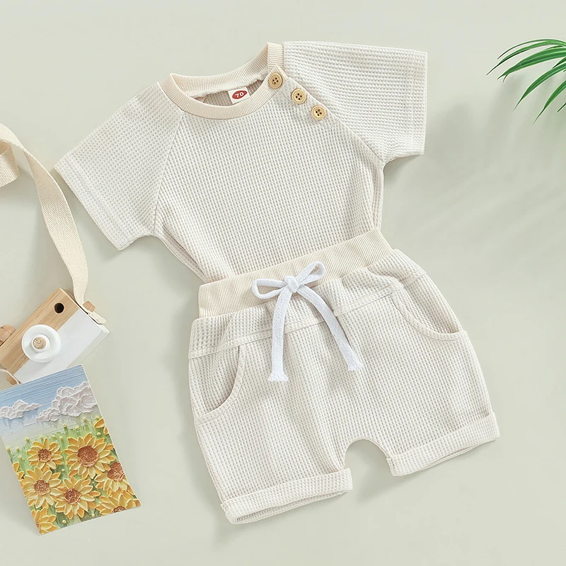 

Baby Boys 2Pcs Summer Outfits Short Sleeve Waffle Knit T-Shirt + Knot Front Shorts Casual Clothes Set