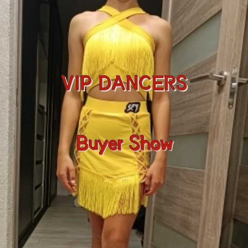 Children Tassels Latin Dancing Dress Girls Yellow Black Fringes Latin Dance Costume Kids Salsa Tango Chacha Stage Wear SL6847