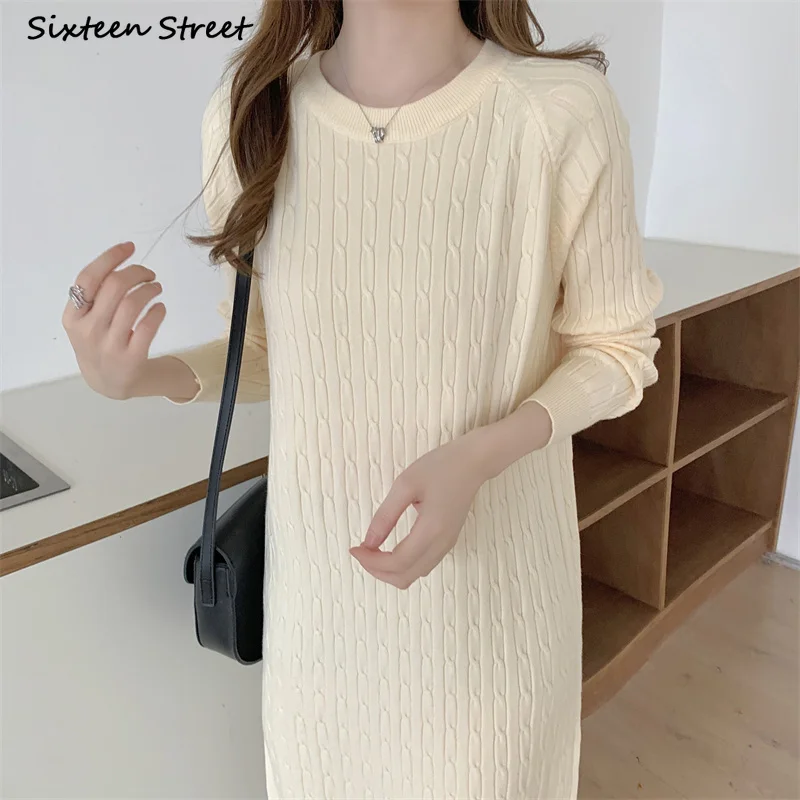 

Apricot Loose Knitted Dress Women Clothing Winter 2023 Striped Lazy Style Woolen Dresses Ladies O-neck Streetwear Knitwear Fall