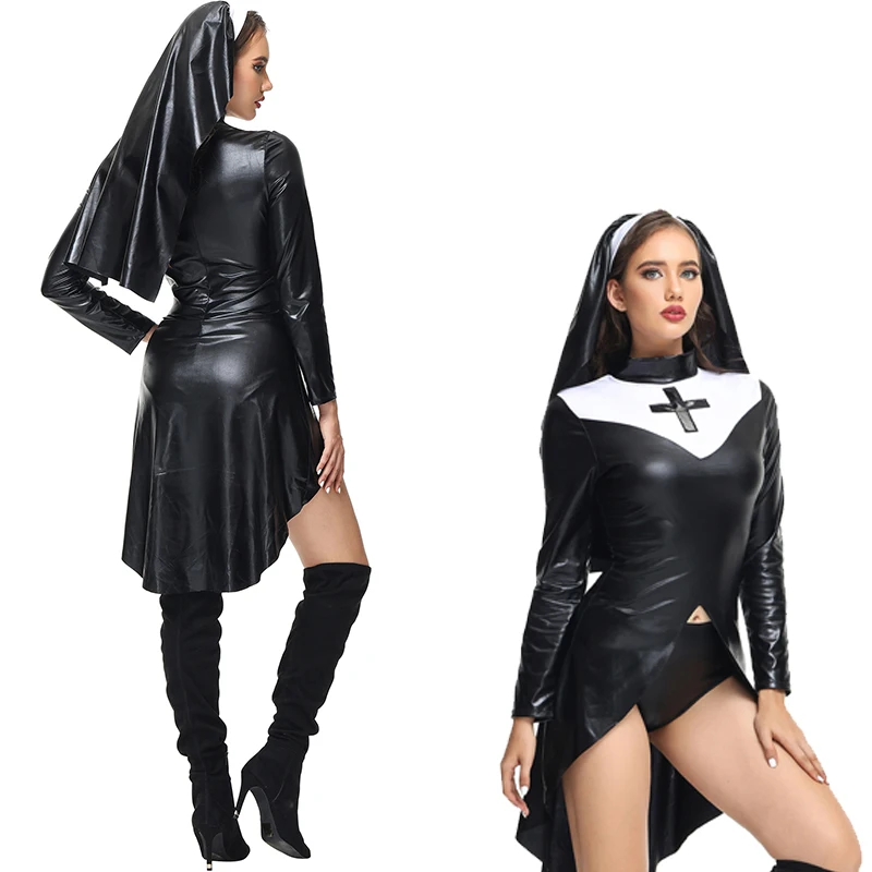 

Women Cosplay Costume Halloween Party Sext Uniforms Sister Wetlook Nun Costume Halloween Cosplay Fancy Black Dress