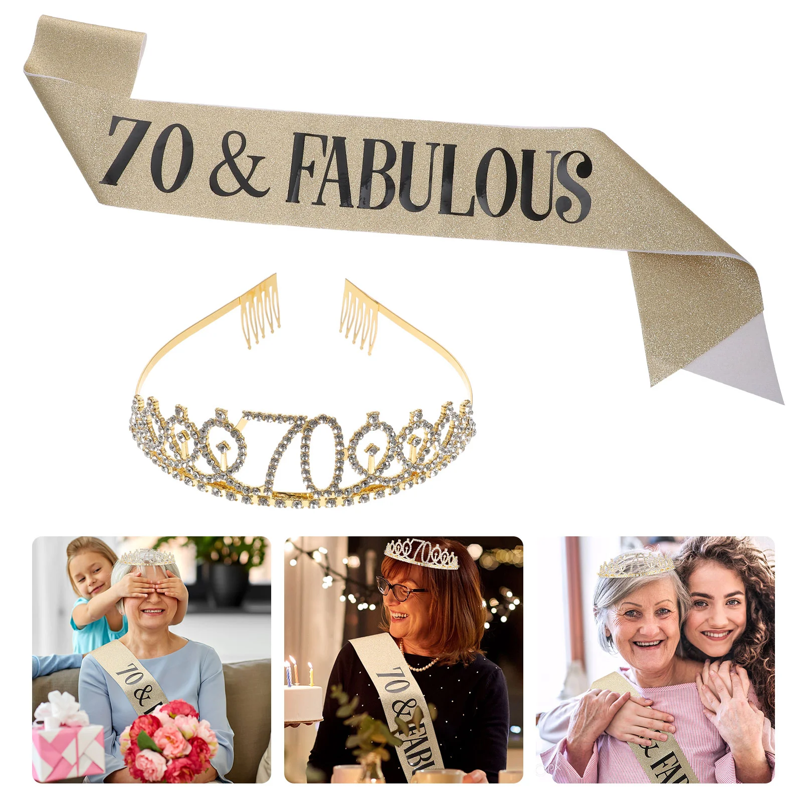 

70-Year-Old Shoulder Strap Crown Gold Decor 70th Birthday Gifts for Women Headgear