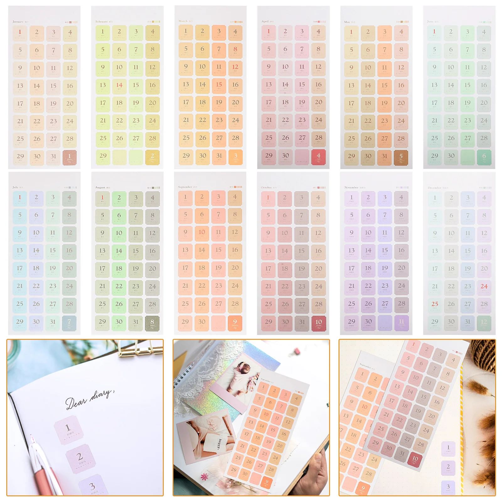 

12 Sheets Tab Stickers Notebook Tabs Self-adhesive Calendar Stickers Diary Date Stickers