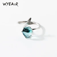 WYEAIIR 925 Sterling Silver Mermaid Blue Crystal Fish Tail Whale Resizable Opening Ring For Women Luxury Jewelry 1