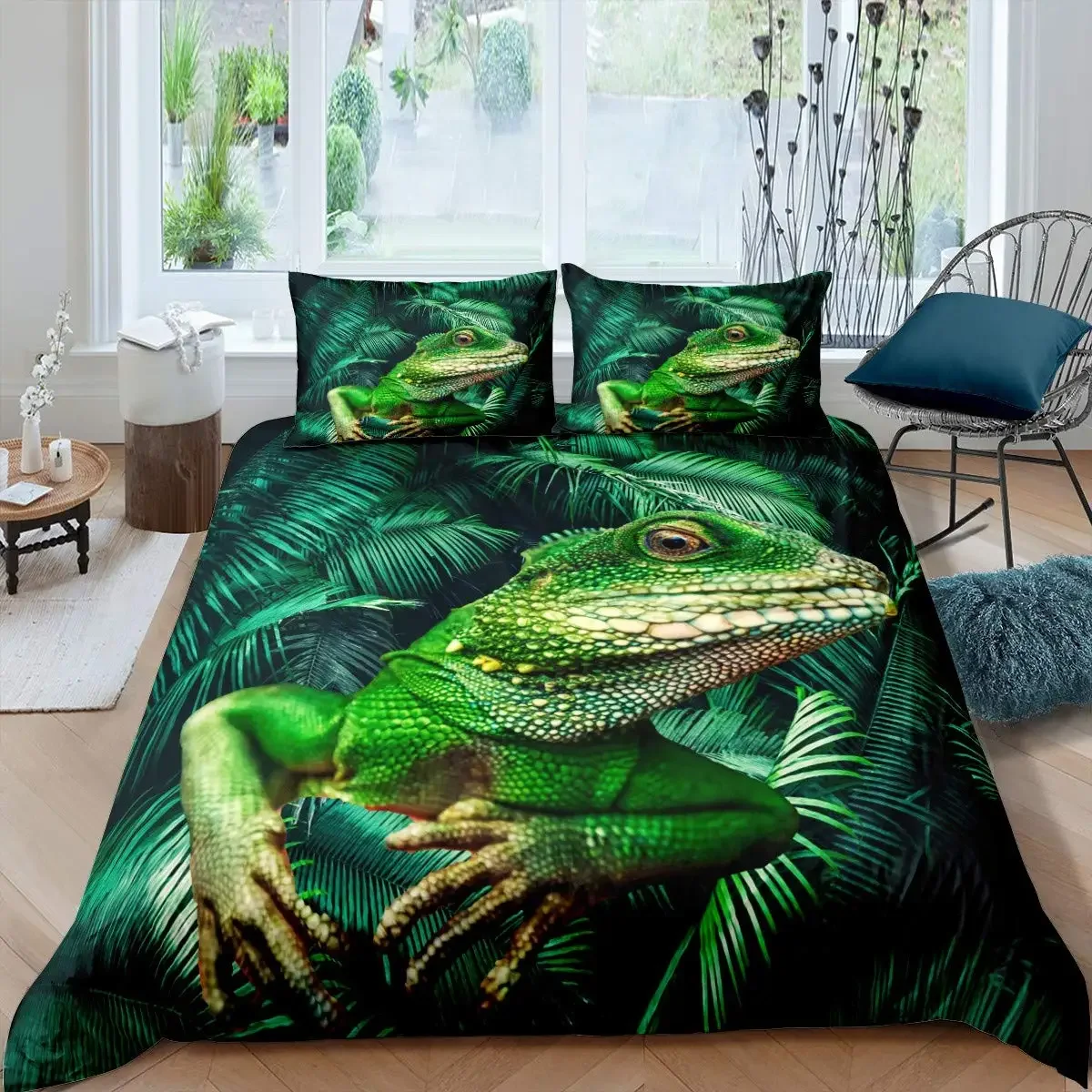 

Chameleon Duvet Cover 3D Wild Animal Theme Adults Boys Green Leaf Tropical Rain Forest Area Quilt for Bedroom Decorations