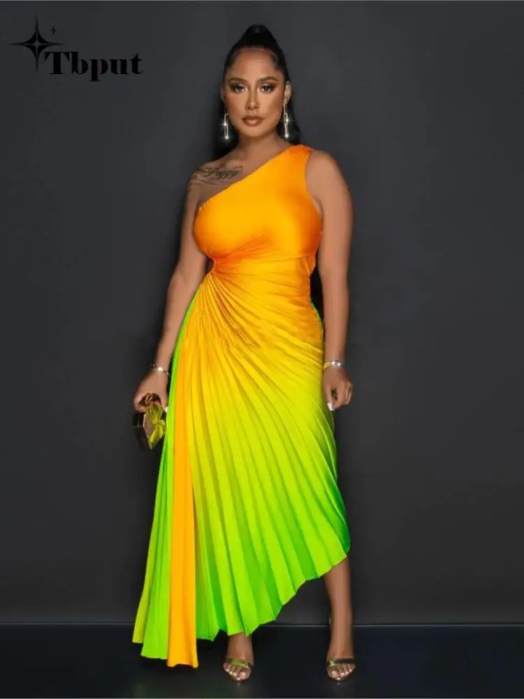 

2023 New Gradient Print A-line Dress Women Sexy Single Shoulder Roll Waist Sleeveless Pleated Dresses Female Elegant Party Robes