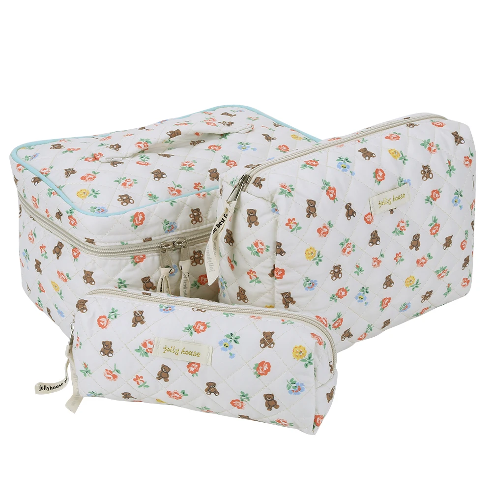 Cotton Quilted Makeup Bag Set for Women Travel Cosmetic Storage