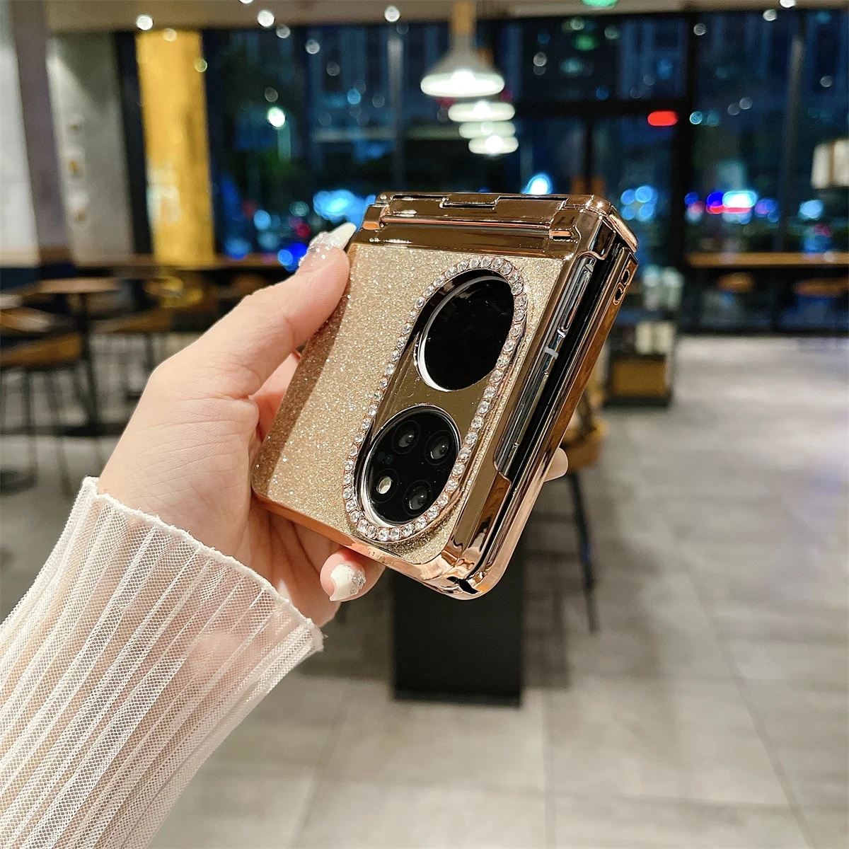 Luxury Plating Bling Glitter Phone Case For Huawei P50 Pocket Hard PC Leather Shockproof Hinge Protection Cover For Pocket 2