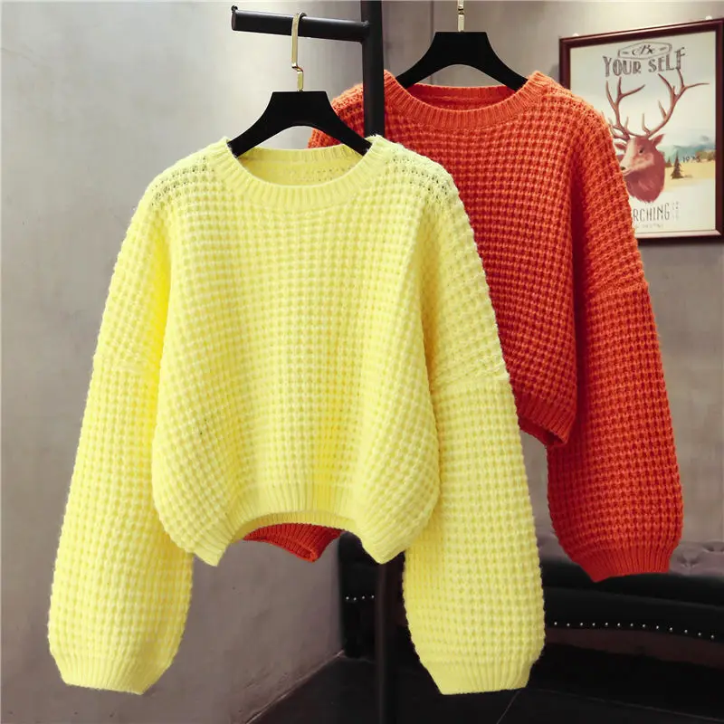 

Women Sweater Korean Fashion Style Long Sleeve Vintage Knit Pullover Autumn Basic Casual Loose Simple Solid Jumper
