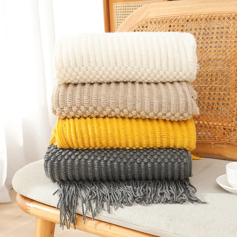 Mustard Throw Blanket with Fringe Geometric Bed Cream Grey Throw